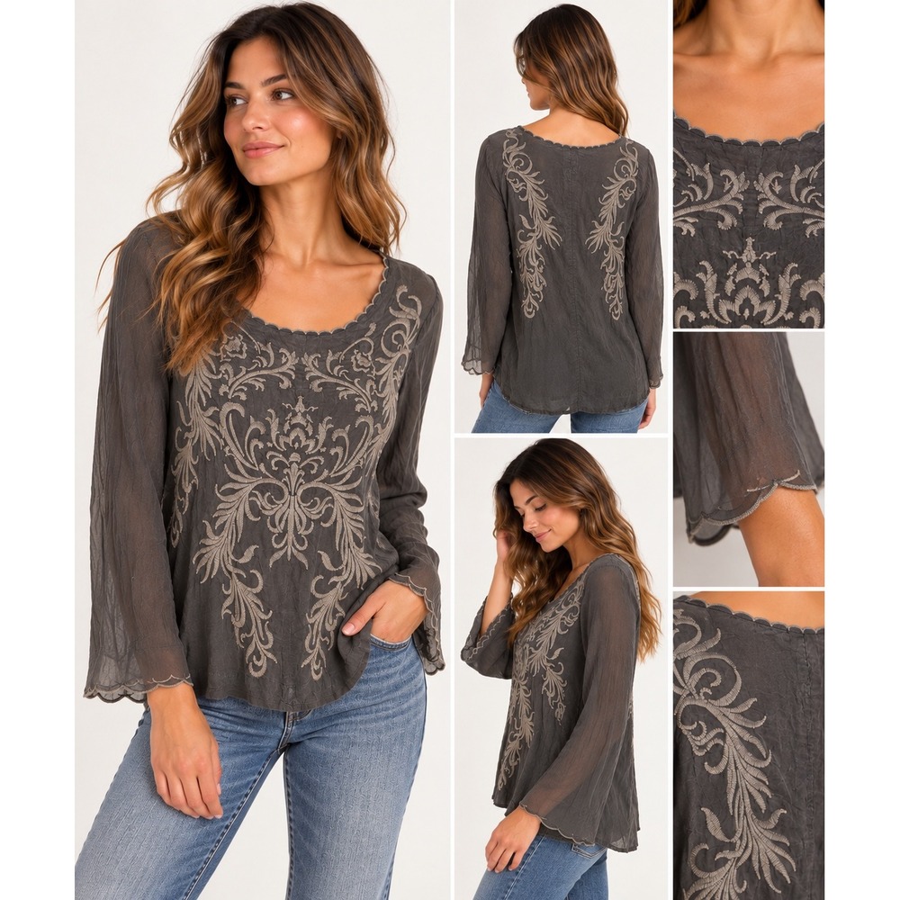 Johnny Was XS Charcoal Damask Embroidered Cupra Rayon Blend Long Sleeve Top
